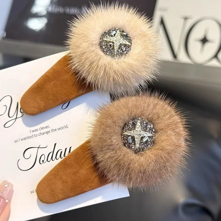 

2 pcs/set Shiny Decorated Hair Clip for Ladies And Girls Real Mink Fur Accessory Sparkling Hairpin