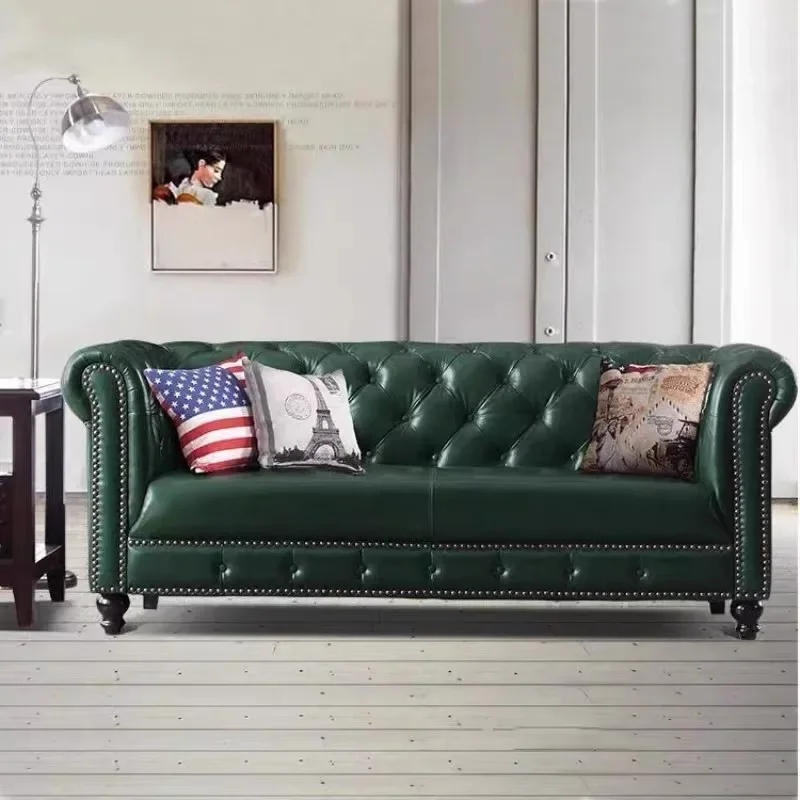 American light luxury oil wax leather pull button sofa rivet first layer cowhide retro green living room leather