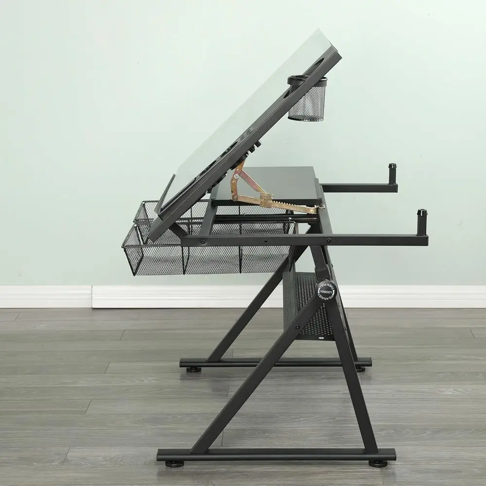 Artist's Adjustable Drafting Table with Glass Surface | Tilt-Top Desk for Art & Crafts (Black, 27.16-35.82 Height)