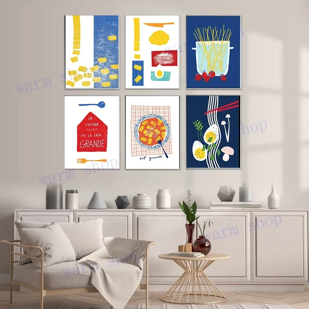 Colorful Food Tomato Pasta Cartoon Illustration Canvas Painting Nordic Posters And Prints Wall Art Pictures For Kitchen Decor