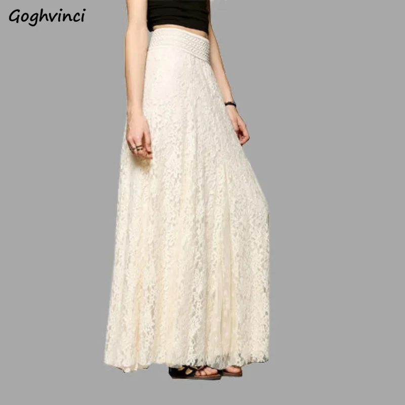 

Double Lace Maxi Long Skirts Women A-line Elastic High Waist Hollow Out Elegant Ladies French Style Fairycore All-match Leisure