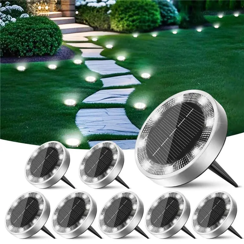 AT21-8-Pack Cool White LED Solar Ground Lights, IP65 Waterproof, Anti-Rust Disc Lights For Outdoor Landscaping