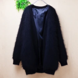 Female Women Fall Winter Clothing Thick Warm Black Hairy Mink Cashmere Knitted Long Sleeves Loose Cardigan Angora Sweater Jacket