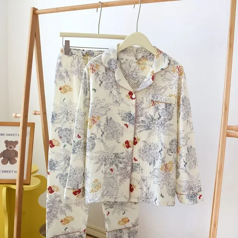 

Cotton Gauze Women Pajamas Sleepwear Female 2 Piece Set Ink Painting Printing Nightwear Pyjamas Home Clothes Loungewear