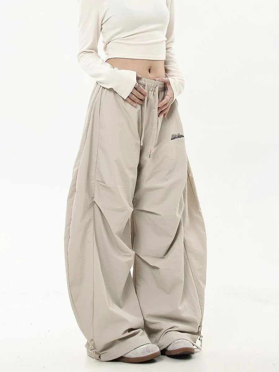 Women American Y2K Baggy Parachute Pants Elastic Drawstring Wide Leg Pleated Trousers Adjustable Hem Streetwear Casual Pants