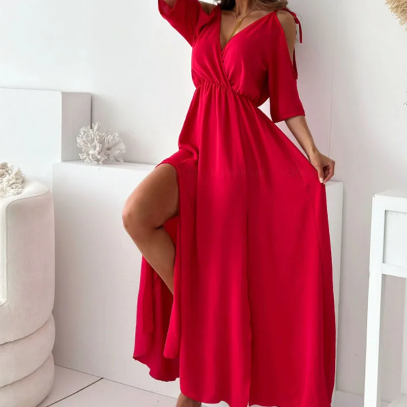 Vestido de cintura alta con cuello en V para mujer, vestido informal plisado de Color sólido, suelto, manga corta, largo para ir a la playa, Verano