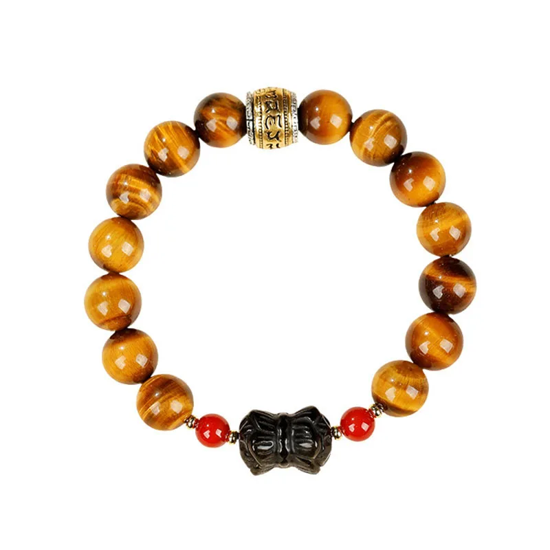 

Natural Tiger Eye Six Syllable Mantra Bracelet Silver Obsidian Twin Lotus Fortune Bead Bracelet for Men Gifts