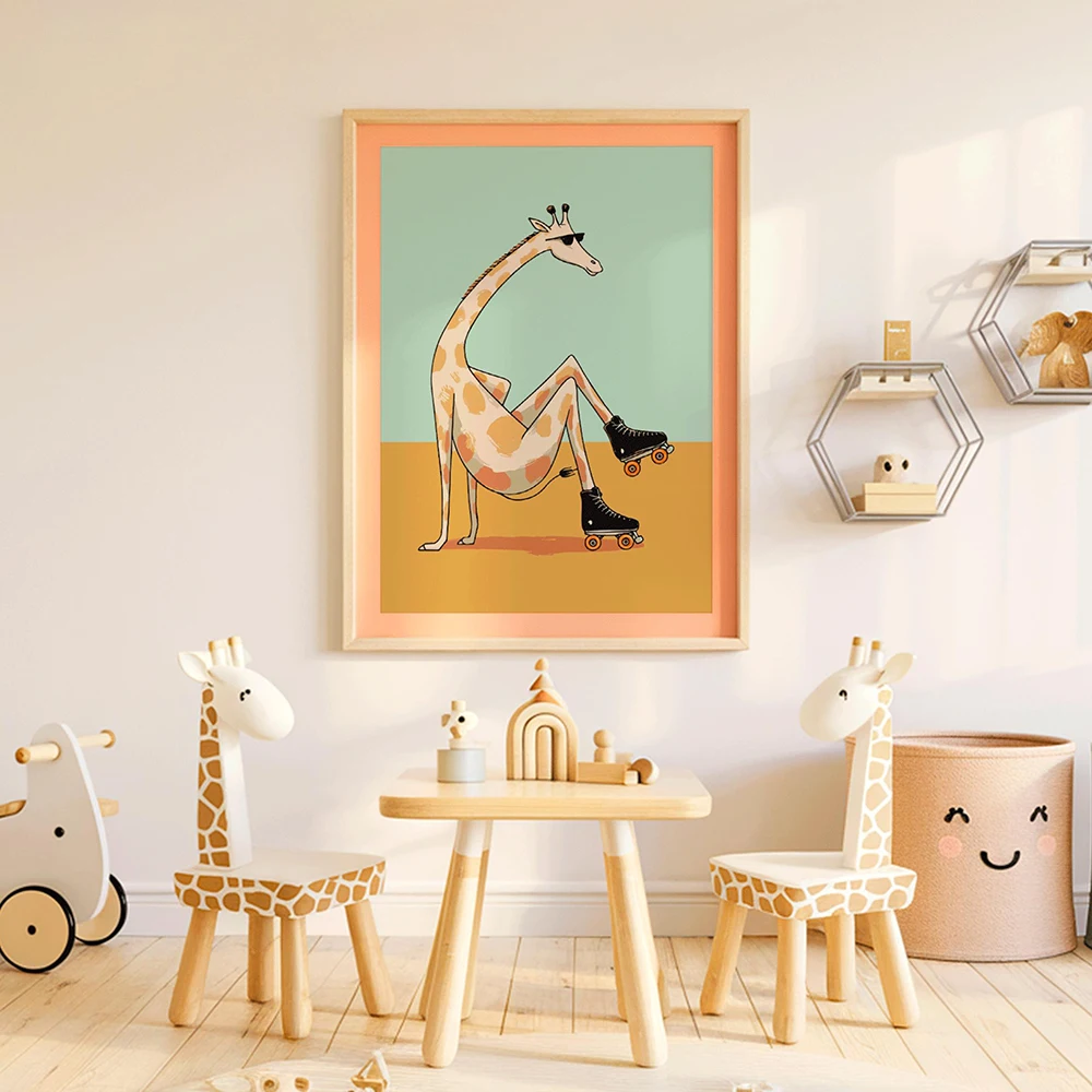 Giraffe Roller Skating Wall Art Kids Room Poster Montessori Nursery Decor Playful Surfing Bear Cat Yoga Animal Print Pictures