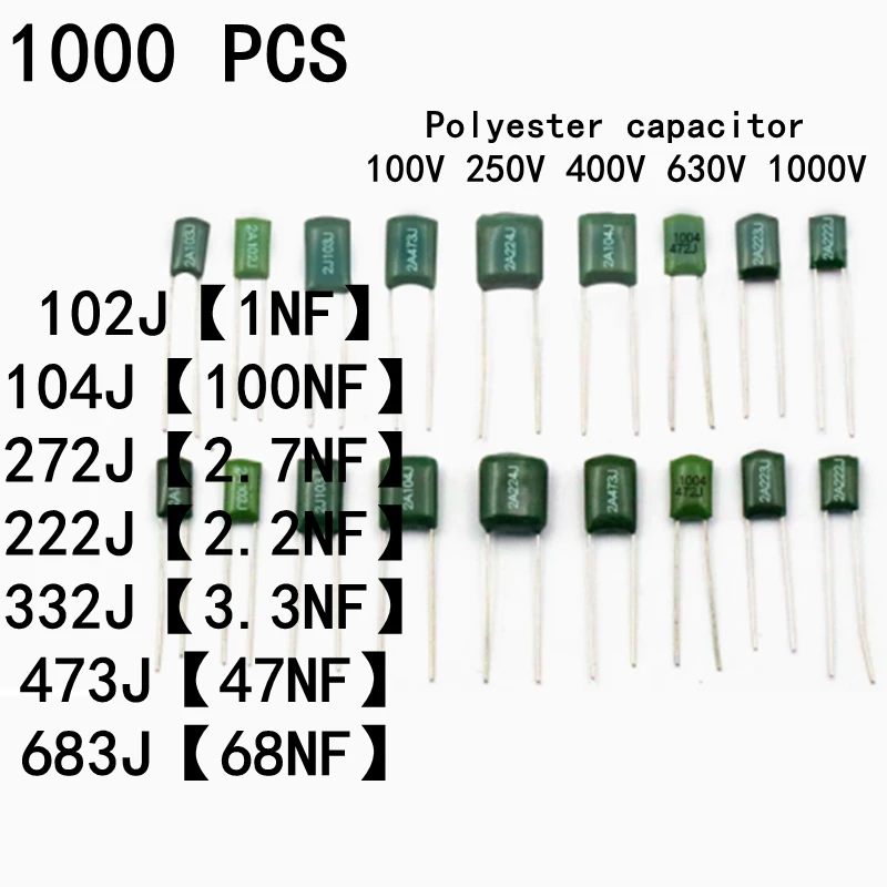 

1000PCS 250V Polyester capacitor 102J 1NF 104J 100NF 272J 2.7NF 222J 2.2NF 332J 3.3NF 473J 47NF 683J 68NF