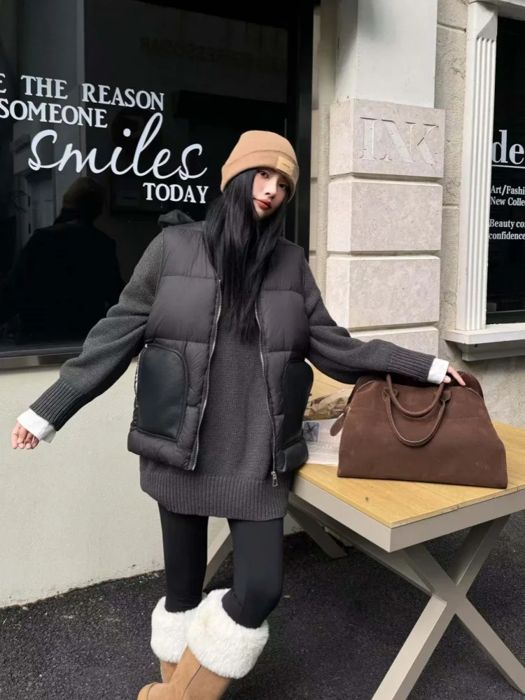 

Осенне-зимний кожаный пуховый жилет с v-образным вырезом, женский жилет на молнии с карманами из искусственной кожи, верхняя одежда, женский однотонный теплый жилет на белом утином пуху