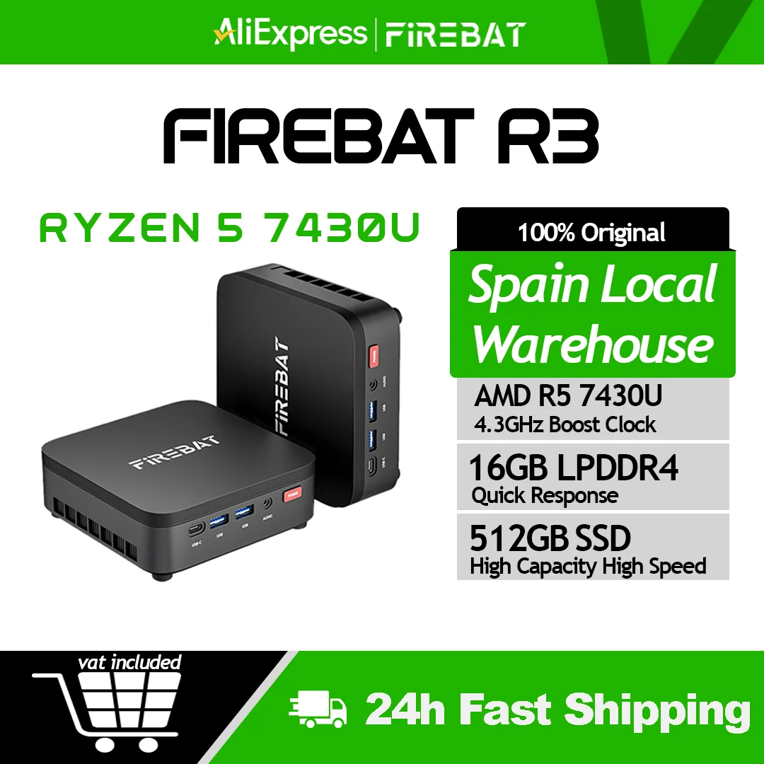 FIREBAT R3 Mini PC Nieuwe AMD Ryzen 5 7430U 16GB LPDDR4 RAM 512GB SSD Windows 11 Wi-Fi 6 USB 3.0 BT5.2 Gaming Desktop Mini Computer