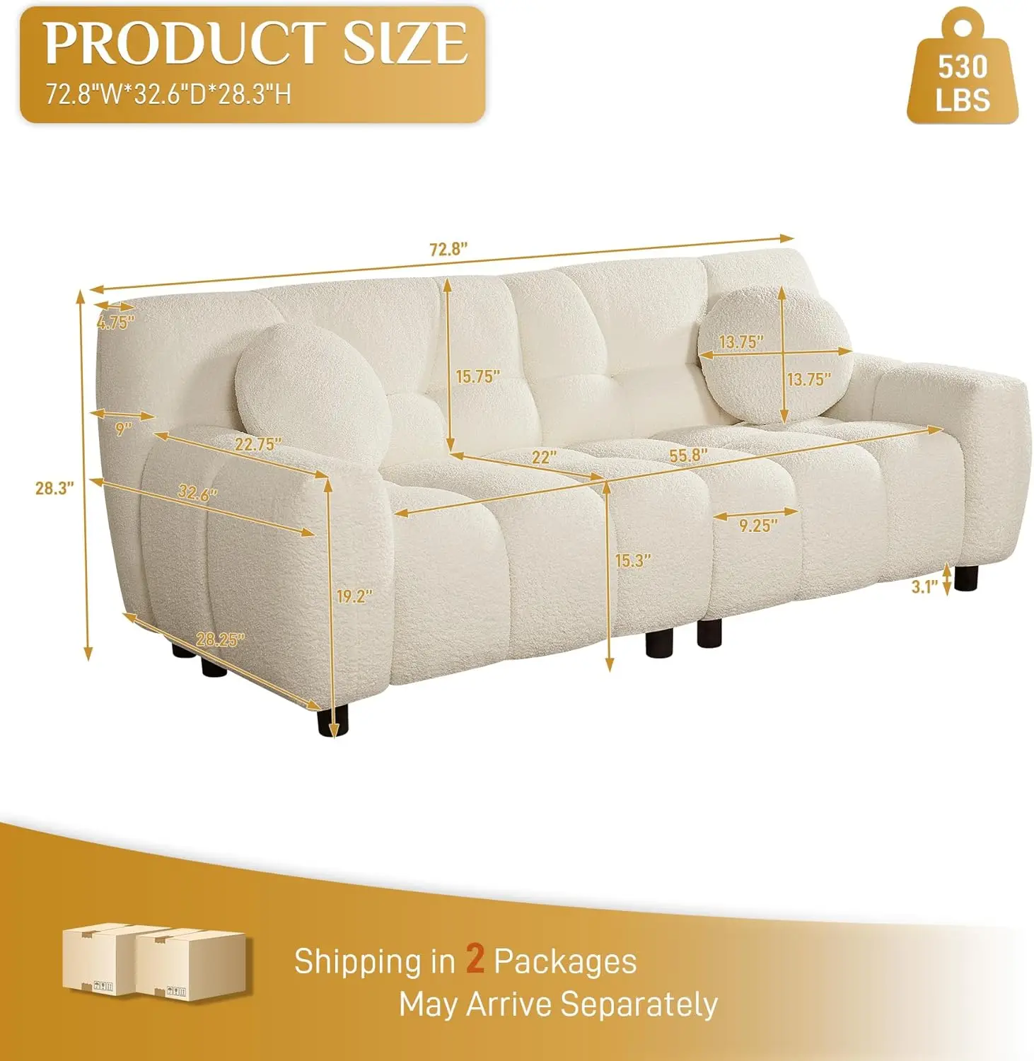 Sofá confortável com assento profundo, aconchegante estofado de 72,8" com 2 travesseiros, sofá loveseat grande para sala de estar, quarto, branco creme