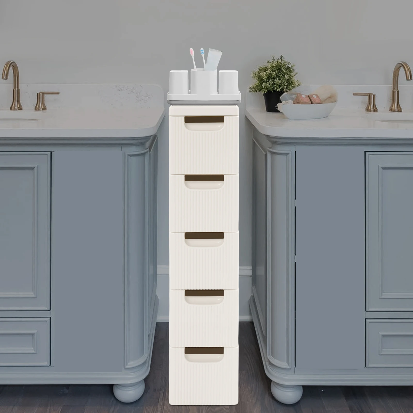 

5 Drawers PP Storage Cart,White Rectangle Mobile Organizer Cart 42*19*91cm for Office Classroom Bedroom