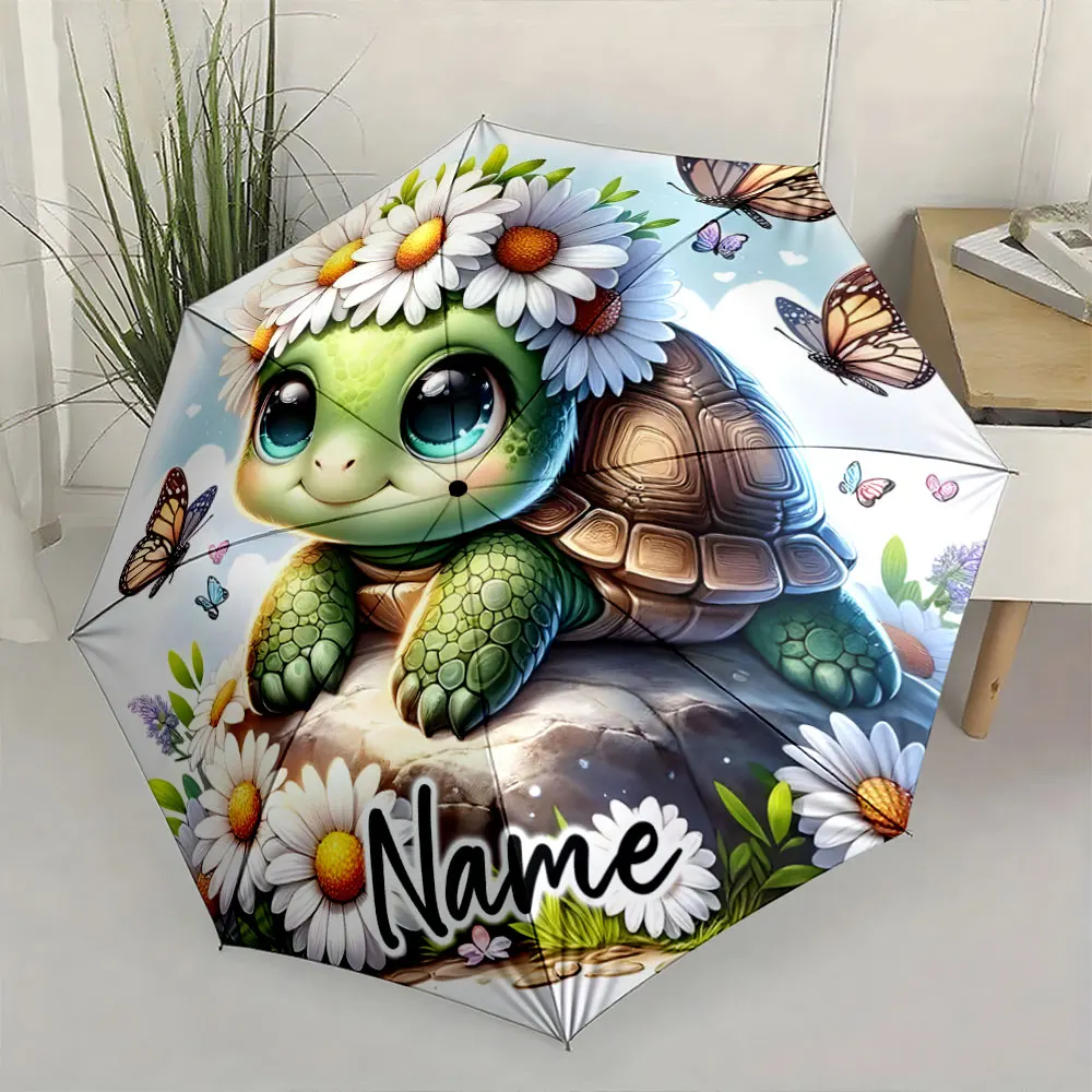 Custom Name  Adorable Turtle Design with Daisies and Butterflies Print 8 Iron Ribs Folding Umbrella Auto-Open Fashion Sunshade