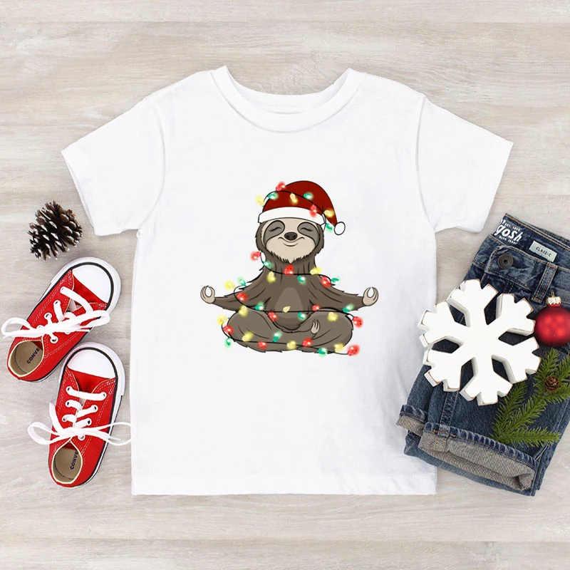 Christmas Children's Clothing Funny Yoga Sloth Pattern T Shirts Boys Girls Short Sleeve Fashion Christmas Party Cartoon Tshirt