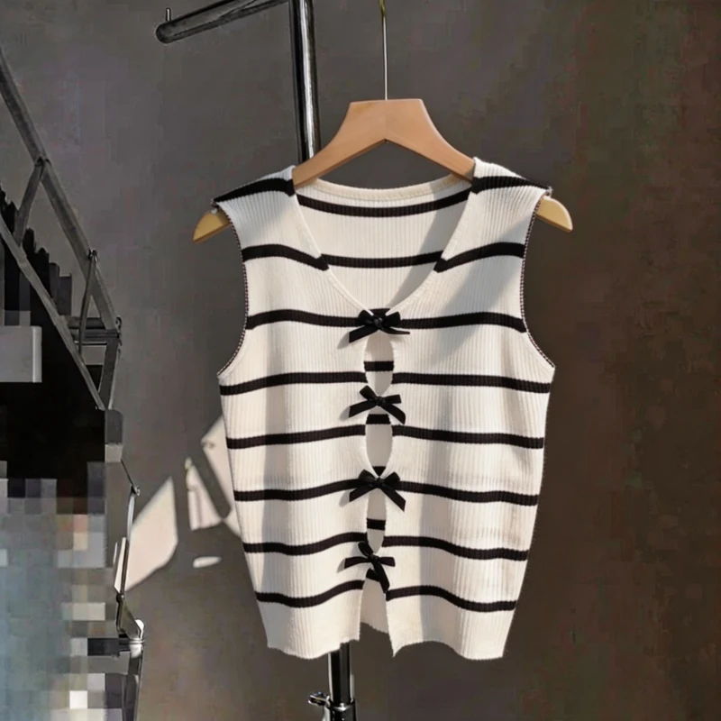 Ladies Black White Striped Knit Vest V‑Neck Bow Detail Sleeveless Elastic Slim Casual Women Daily Fashion Knit Tank Top Outfit