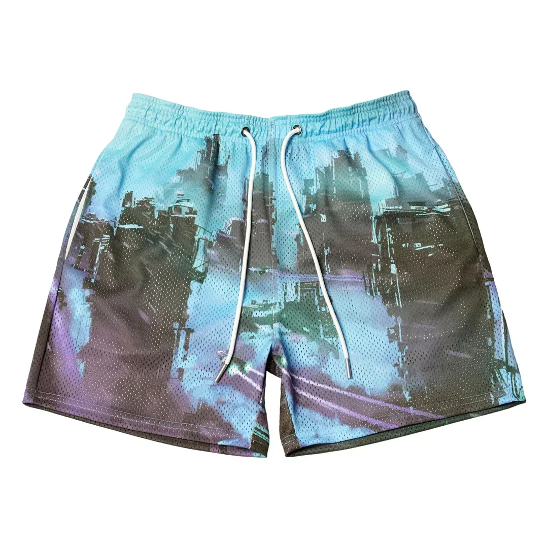 Men's casual summer shorts, sports pants, muscle fitness, mesh, digital print, breathable, loose fitting, new collection