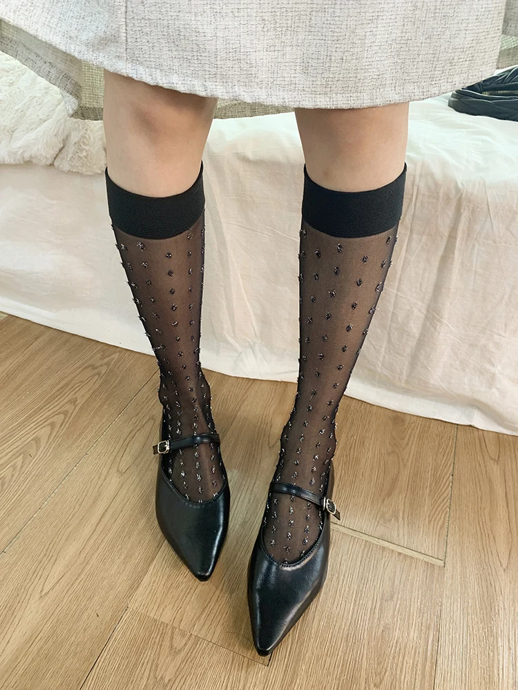 Summer Ultra-Thin Long Socks Glass Filament Dot Calf Socks Lingerie JK Lolita Harajuku Lace Mesh Fishnet Stocking Women Hosiery