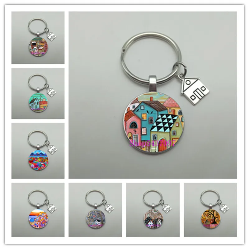 

Beautiful house key chain colorful country tree glass convex round key chain lovely wallet key chain new house gift.