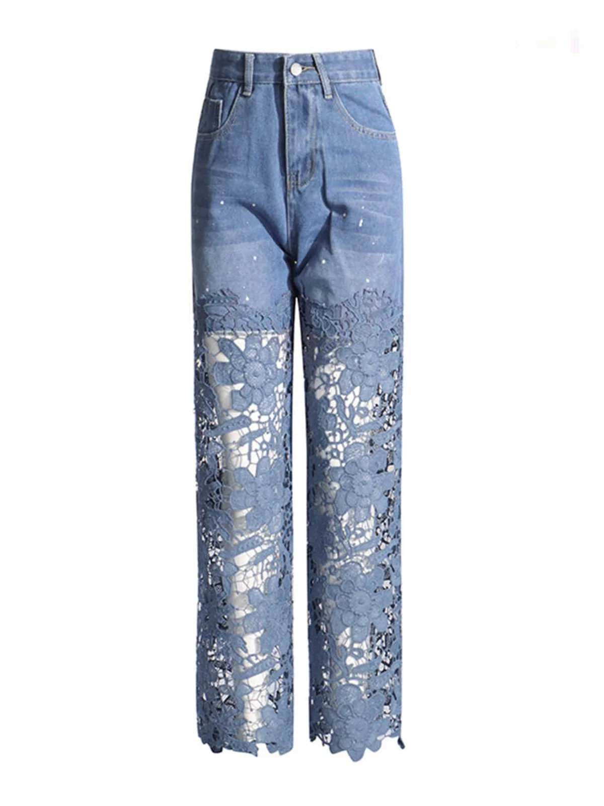 

Faionable Hollow out Lace Splicing Straight Leg Jeans Ele Design Summer High Waist Long Pants Cool Sensation