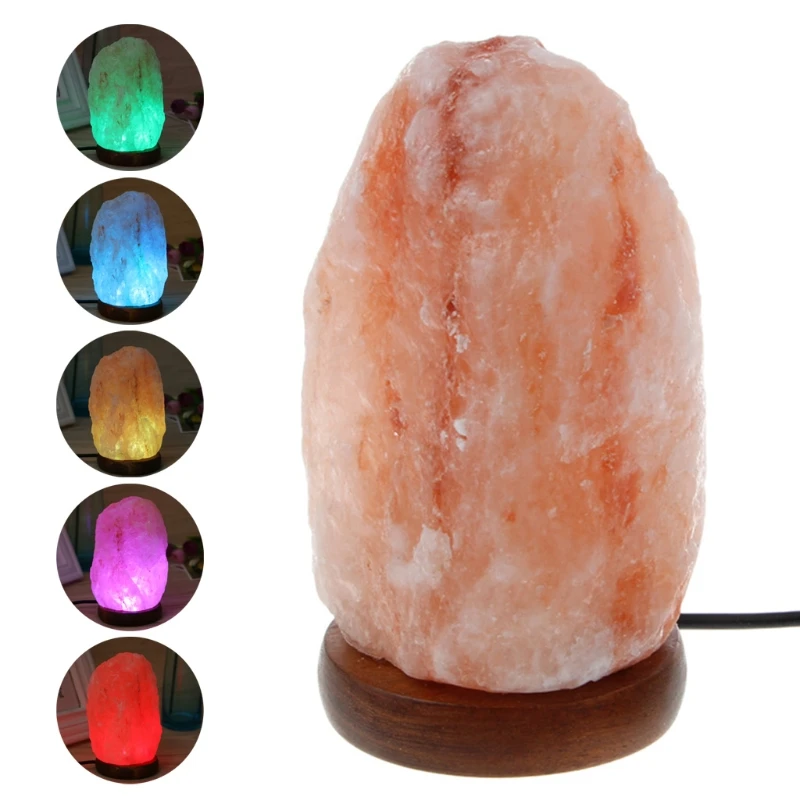 USB Salt Lamp Natural Hand Carved Wooden Base Crystal Rock Colors Changing Night Light
