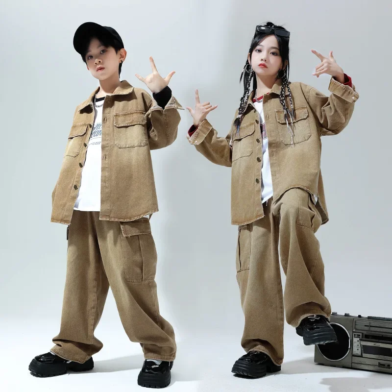 New Kids Jazz Dance Costume Girls Boys Brown Denim Jacket Baggy Pants Hip Hop Performance Clothes Teens Stage Outfit Streetwear