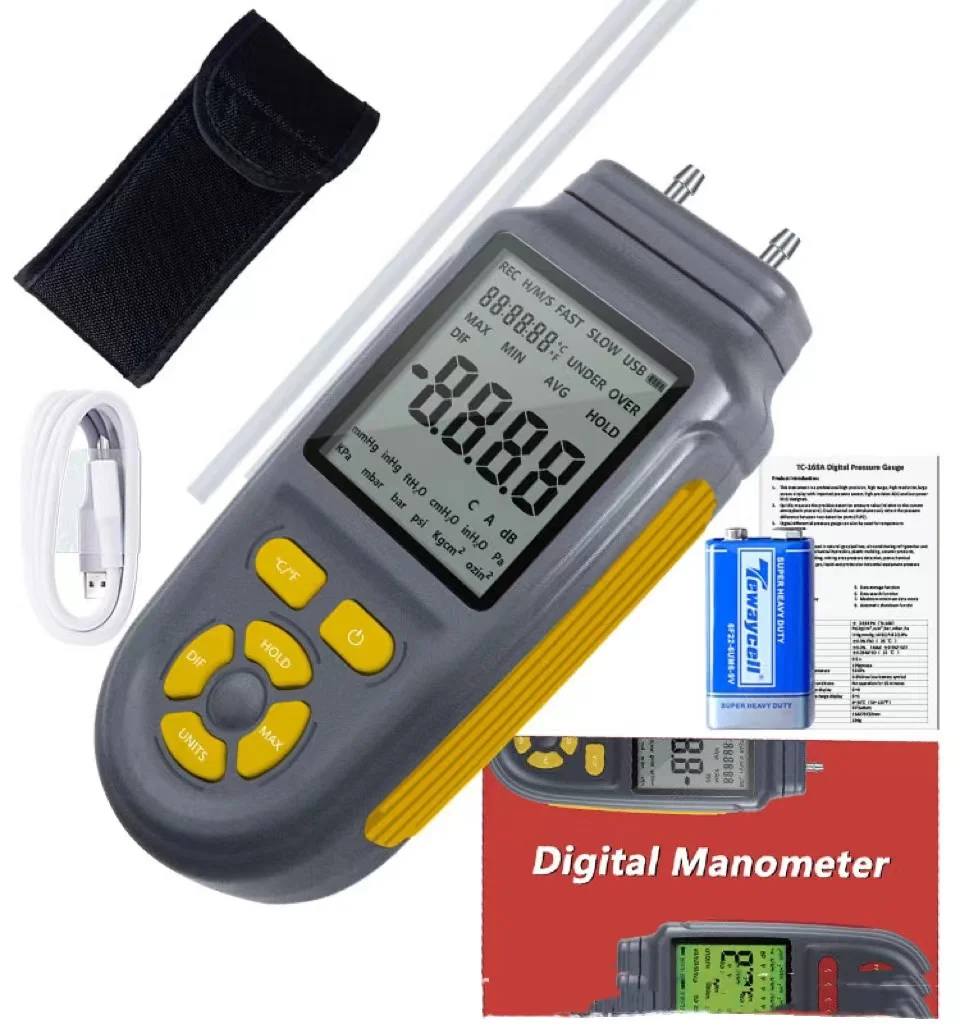 T0-169A Digital U-Type Manometer-High-Accuracy Differential Pressure Gauge with 12 Units, Handheld Dual-Port Design