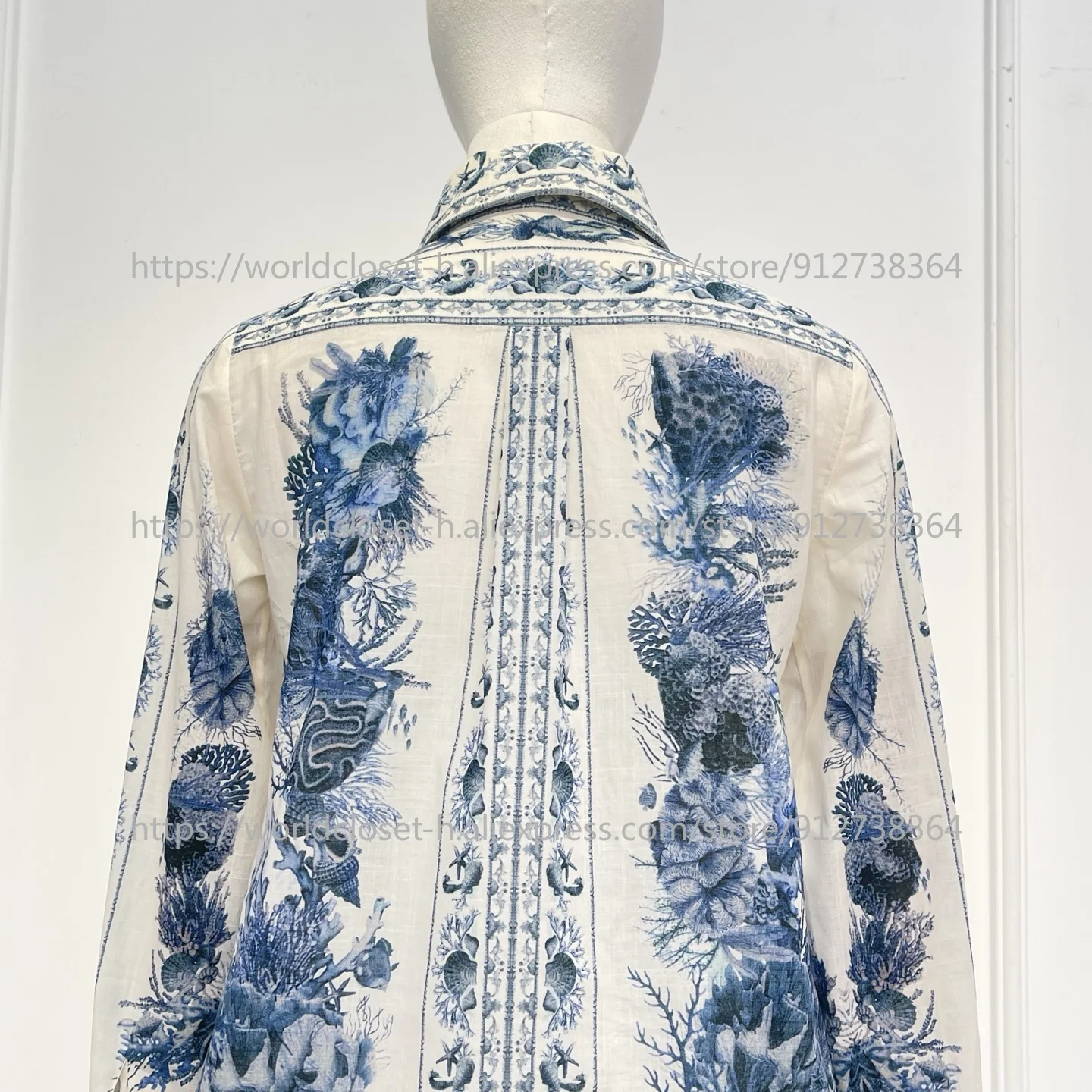 

2025 Women Navy Blue Ruyi Floral Print Long Sleeve Blouse Tops and Midi Skirt Set Cotton