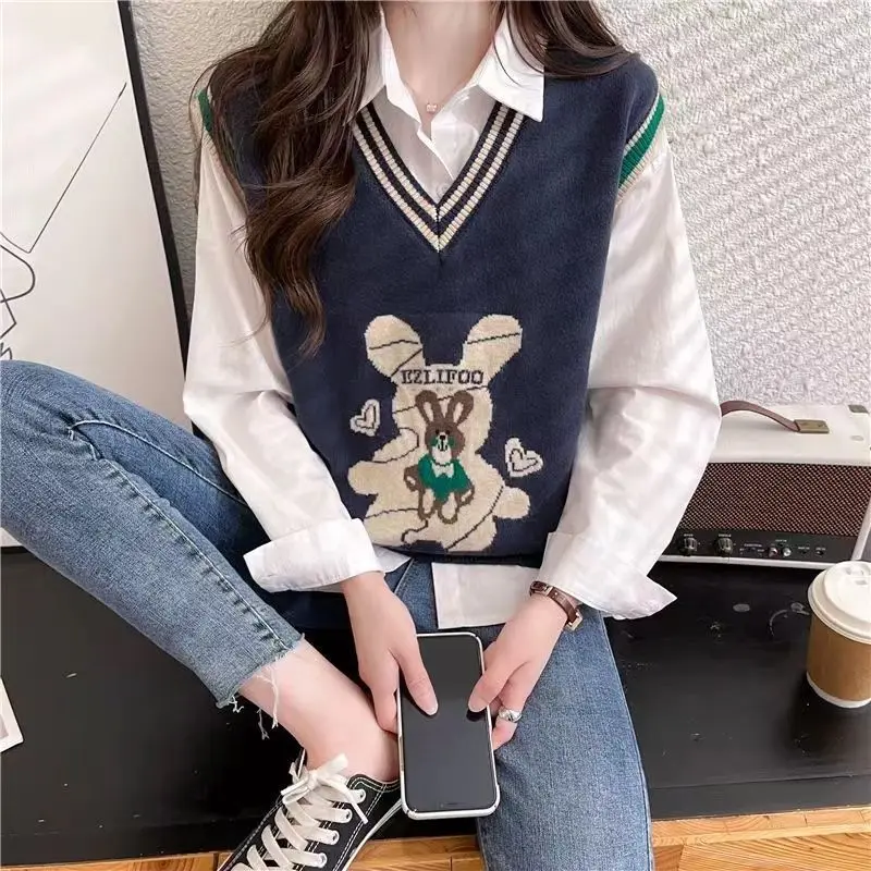 2023 New Fashion Knitted Vest Shirt Two Piece Set Spring and Autumn Versatile Korean Loose Knitted Vest Trend