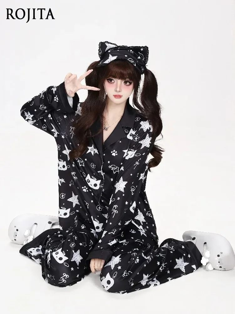 Women Cute Cartoon Cat Print Pajama Set Pink Long Sleeve Top and Long Pants Sleepwear Comfortable Homewear Pajamas
