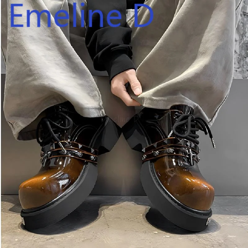 Black Front Lace Up Thick Soled Derby Shoes Fashionable Punk Style Rivet Decoration Design Versatile Thick Soled Casual Shoes