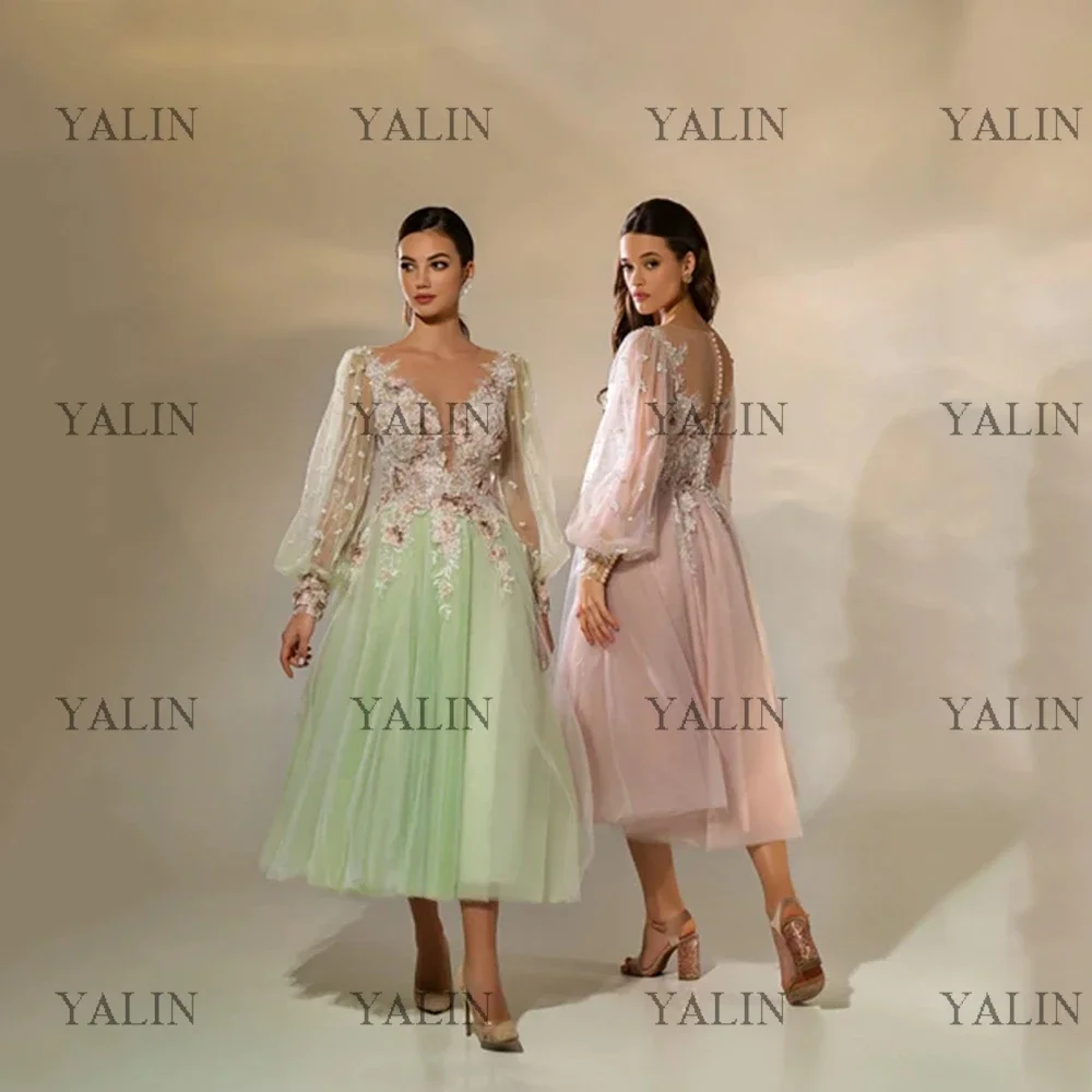 

YALIN Long Puffy Sleeve Prom Dresses Tea- Length Applique Lace Homecoming Gowns 3D Flowers Tulle Evening Dress Whith Button