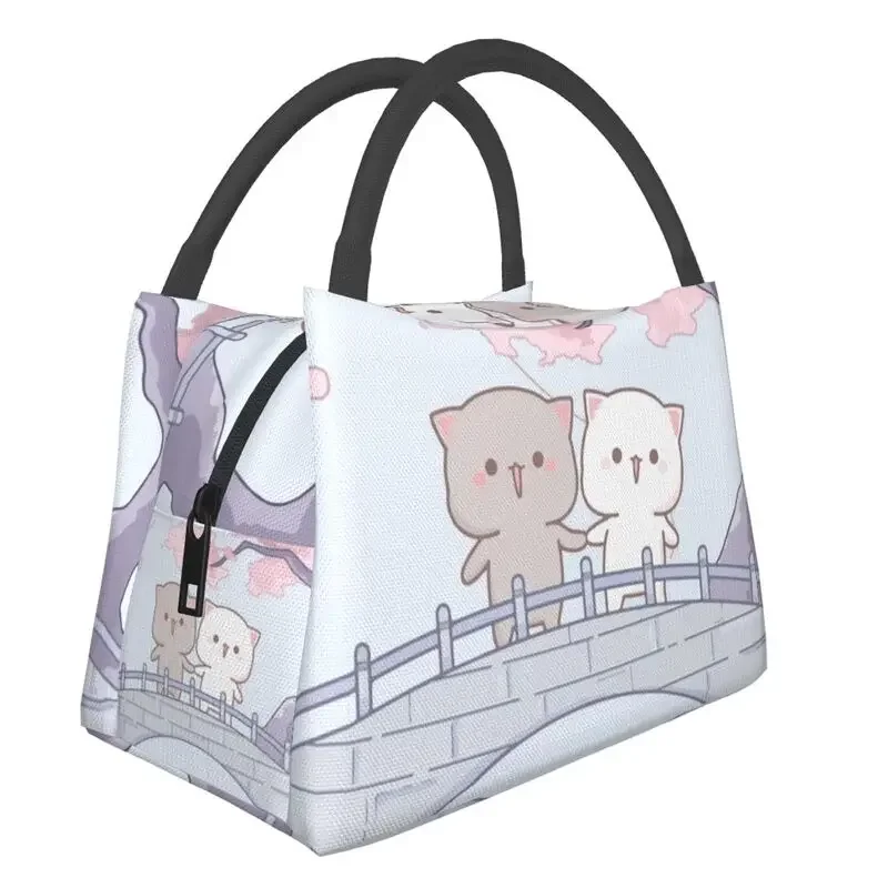 Romantic Peach And Goma Mochi Cat Thermal Insulated Lunch Bag Women Resuable Lunch Tote for Outdoor Picnic Storage Meal Food Box