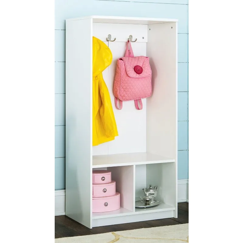 KidSpace Wood Locker, 2 Cubby Cube Compartments, Open Storage, 3 Hooks, for Coats, Backpacks, Jackets, White Finish, 49-Inch