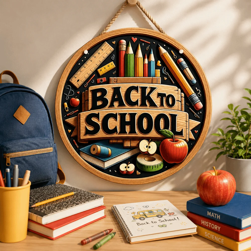 Personalized 2D Flat Welcome Sign Colorful Round Wooden School Door Hanging Decoration Ornaments Teacher Sign Back to School