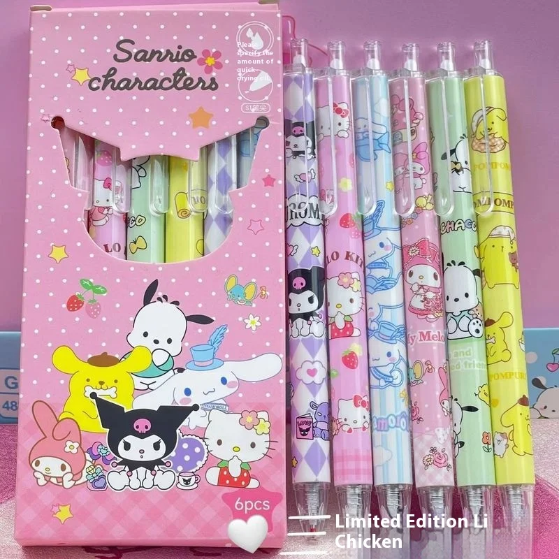 

Гелевая ручка Sanrio, 6/12 шт., набор мультфильмов Kuromi Cinnamoroll Hello Kitty Pochacco St Head, 0,5 мм, пресс-ручка для студентов, изучающих канцелярских принадлежностей