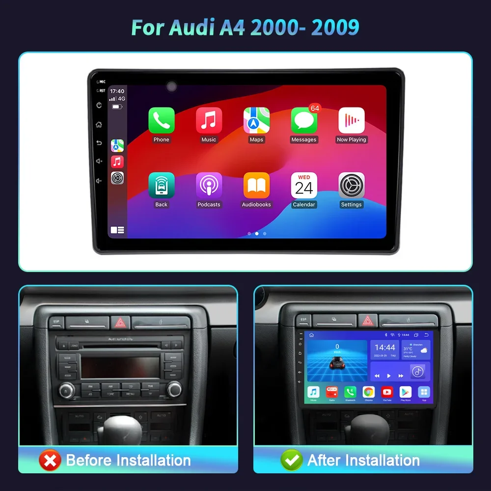 アウディA4 2000-2009用カーラジオ,タッチスクリーンシステム,Android OS, GPSナビゲーション,wifi,Bluetooth,カーラジオを備えたワイヤレスステレオマルチメディアプレーヤー