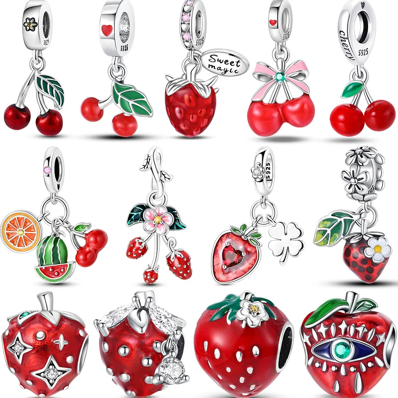 Pendentif en argent sterling 925, fraise, cerise, ananas, petite poire verte, pomme, compatible avec les bracelets originaux, bijoux DIY pour femmes, cadeaux