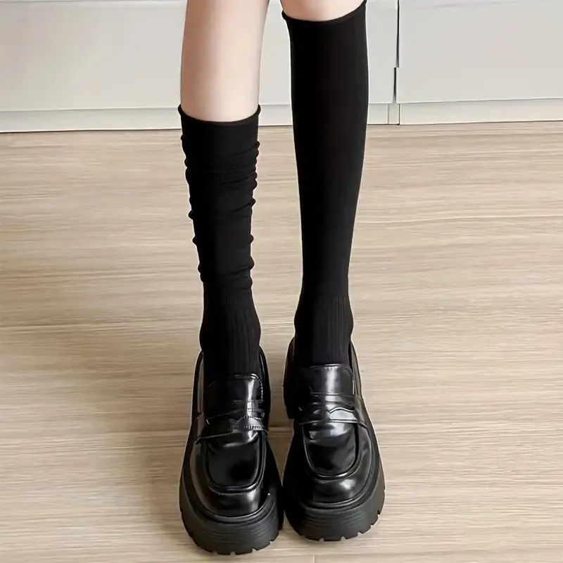 1/5 Paar elegante gerippte Damen einfarbige Wadensocken weich bequem modisch Frühling Herbst Freizeitstiefel Stapelsocken – Detail 4