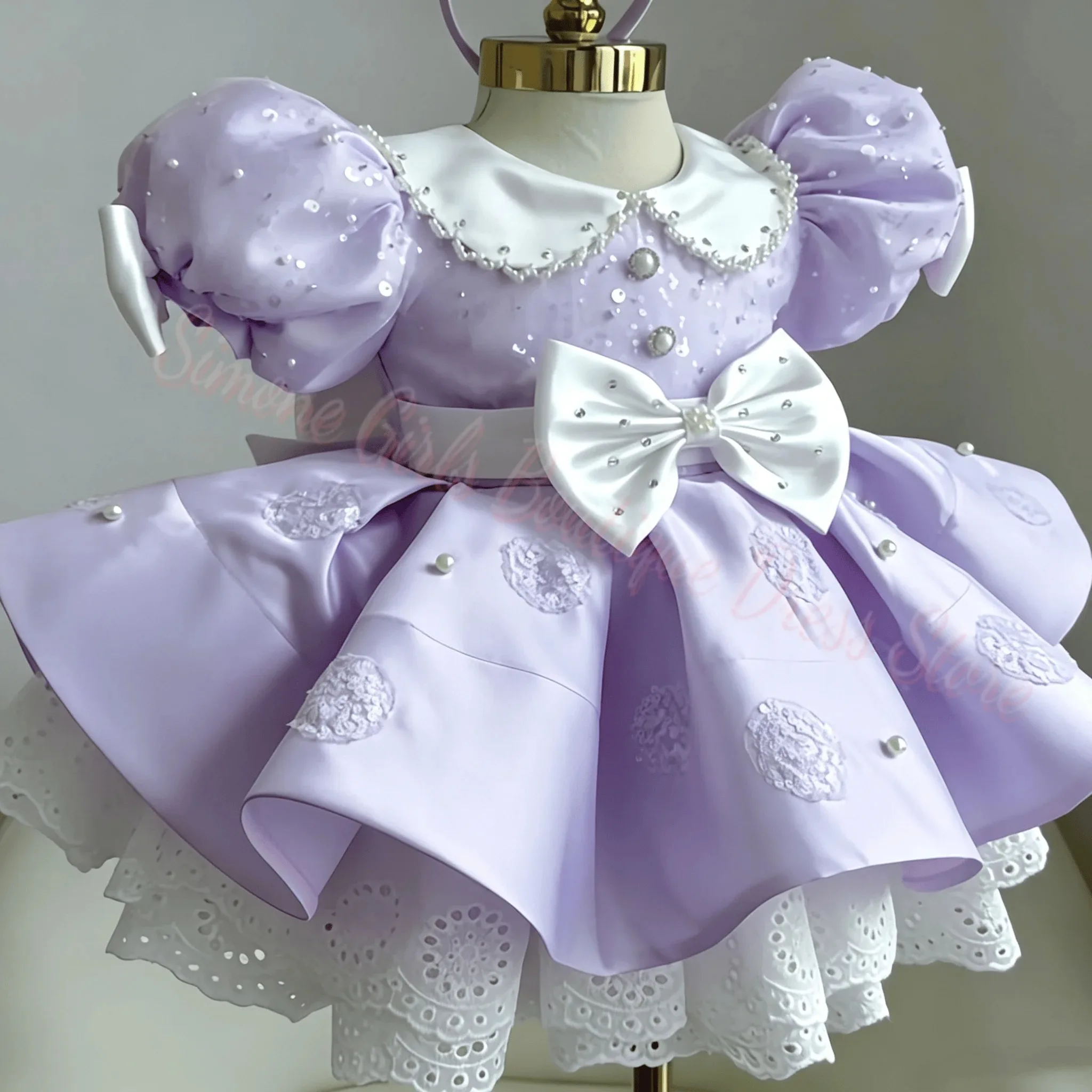 Großhandel Maßgefertigte Rosa Satin Blumenmädchenkleider für Hochzeiten mit Schleife, Knielang, Spitze, für Erstkommunion und Geburtstagsfeier – Detail 4
