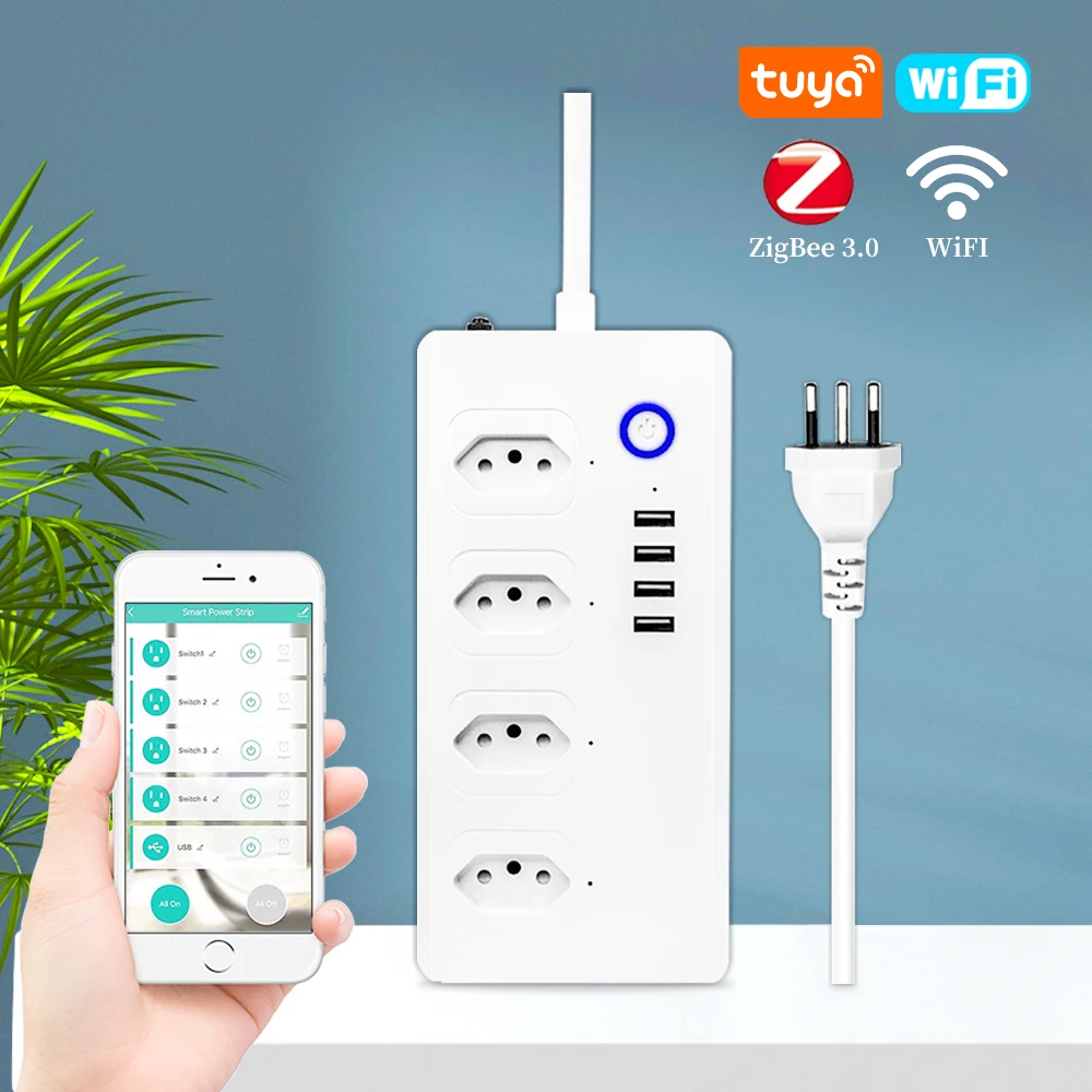 Tuya Wifi/ZigBee Smart Power Strip 4 Outlets Plug 4 USB Brazil Plugs 1.5M Extension Cord Surge Protector for Alexa Google Home