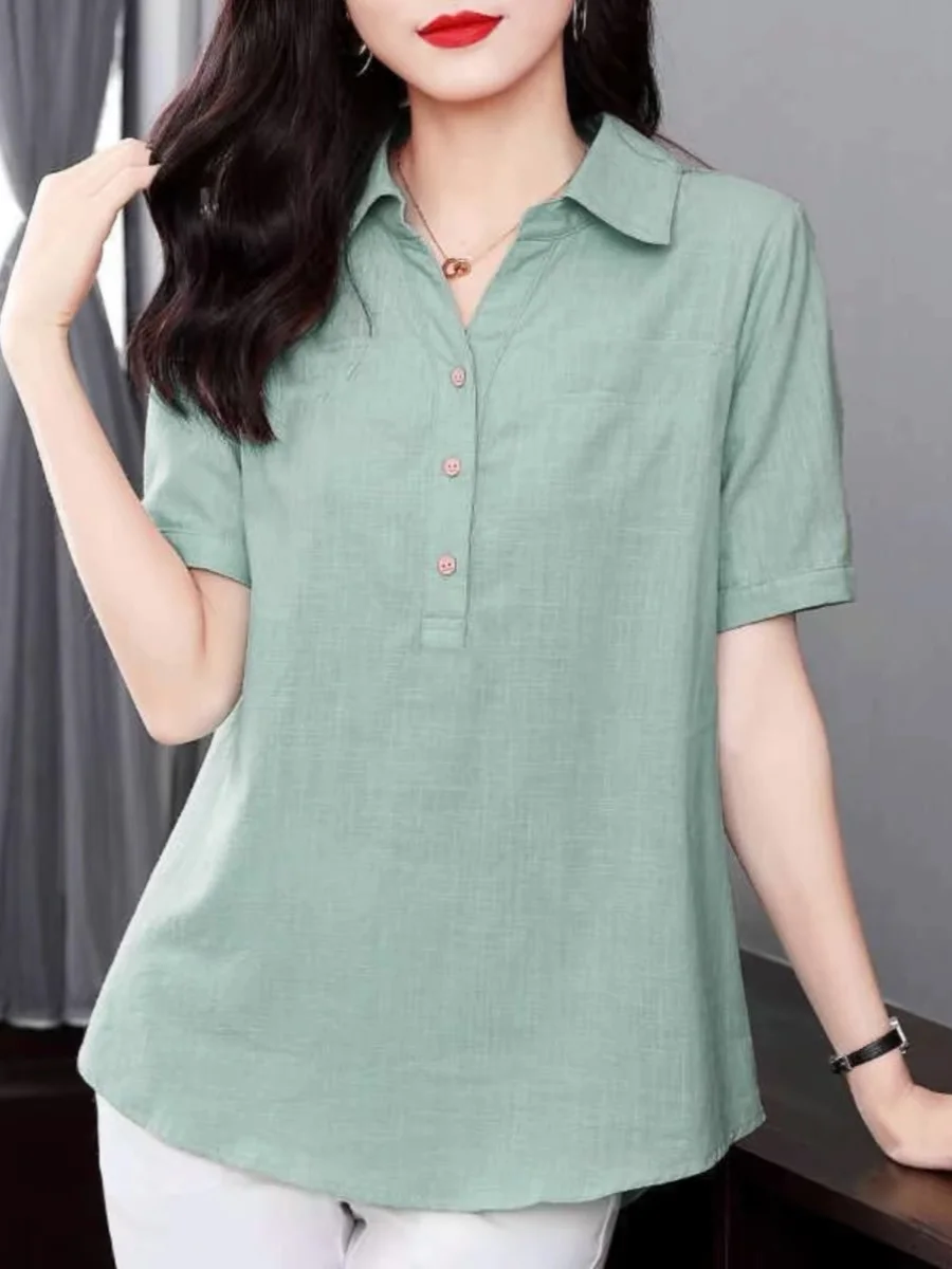 

Women's Cotton Linen ort Sve irt Loose Fit Versatile Summer Top Button up Korean Sle Regular Sve Pure Color