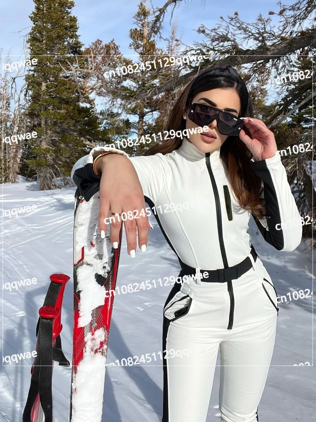 Women Long Sleeve Waterproof Windproof Skiing Overall Female Elegant Skateboard Jumpsuit Winter Patchwork Ski Jumpsuits For