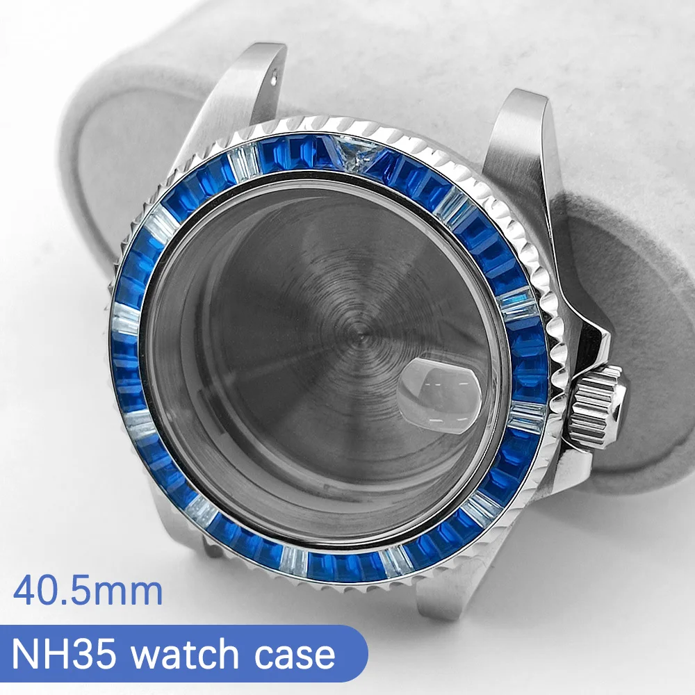 40.5MM NH35 Movement Metal Watch Case Colored Crystal Bezel Sapphire Glass High Quality Watch Parts and Accessories