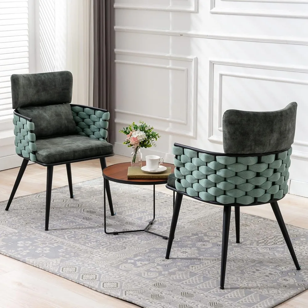 Mid-Century Modern Dining Chairs Set of 2, Handmade Woven Kitchen Chairs, Upholstered Velvet Dining Chairs with Metal Legs for