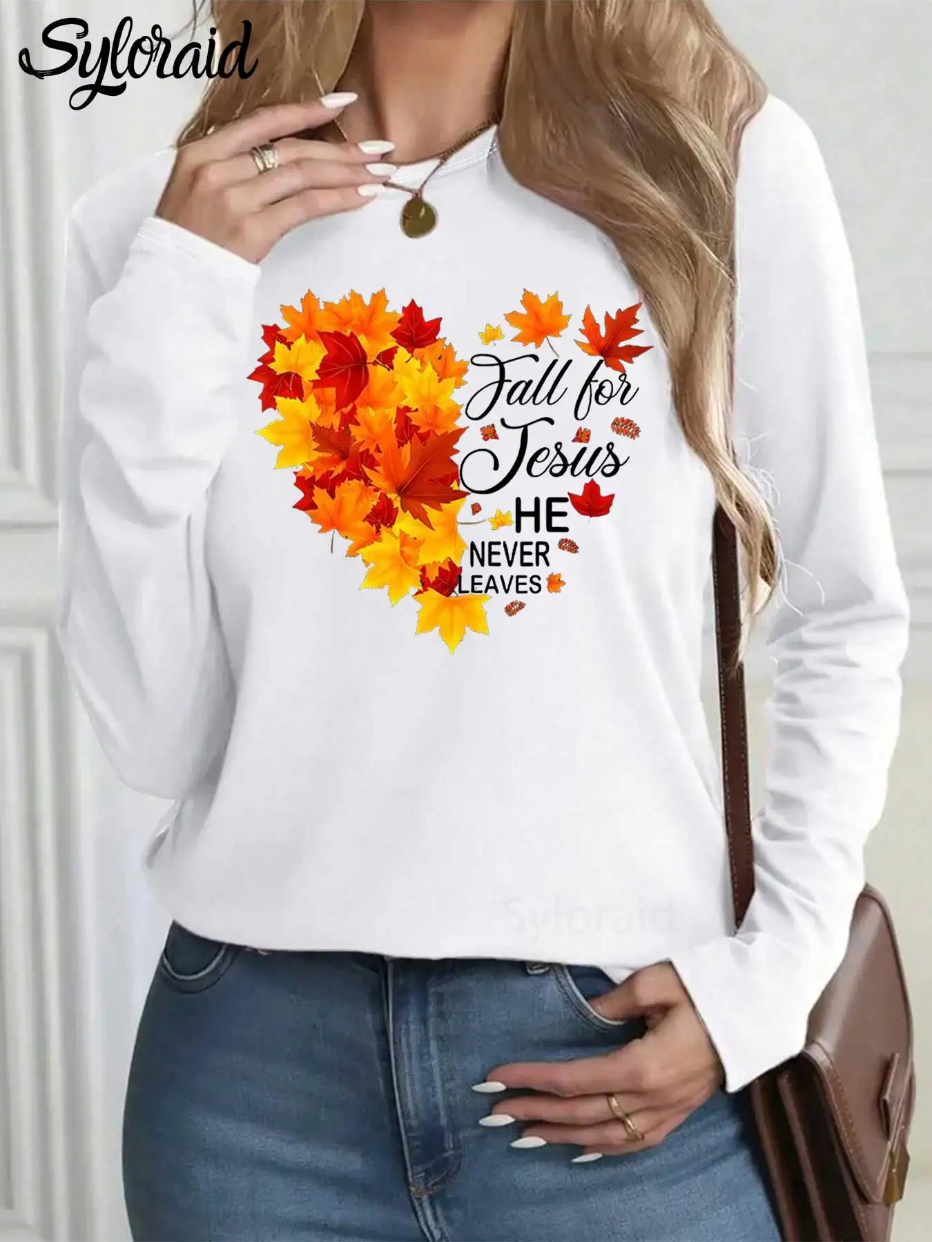 

Women's Long Sleeve T Shirt Christian Halloween Print T Shirt Fall Leaves Shirt Fashion Round Neck Casual Top