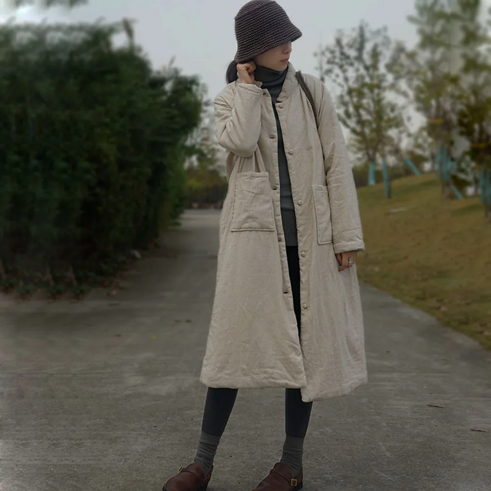 Cotton Linen Quality Long Cotton-Padded Coat Ladies Chinese Tray Buckle Loose Long Jacket Retro Thin Quilted Coat Winter Man