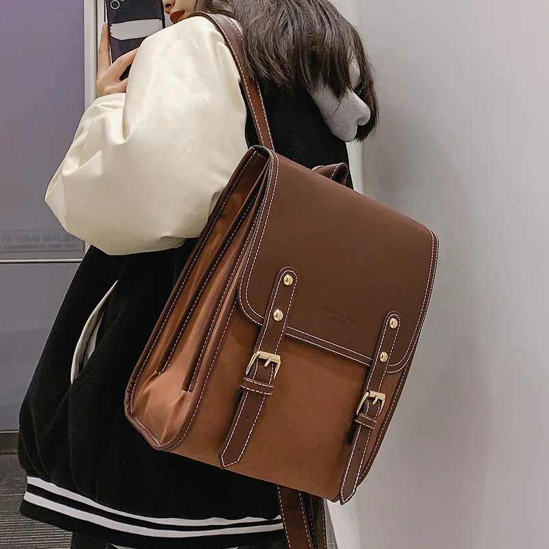 College Style Vintage Fashion JK Student PU School Travel Women Backpack All-match Simple Large Capacity Brown Uniform Schoolbag