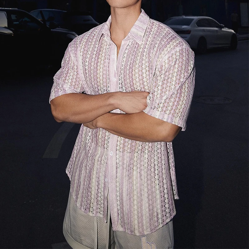 Vintage Umlegekragen Hemd mit Knöpfen für Herren am Meer, sexy, aushöhlen, durchsichtig, Netzhemden, modische Herren-Kurzarm-Strickjacken