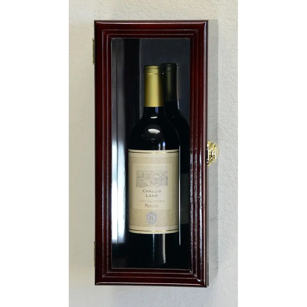 Wall Display Case for Wine Bottles with Mirror Back, Holds Various Sizes (Cherry Finish)